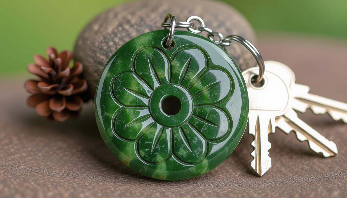 Greenstone Flower Pendant Keychain, Māori Style