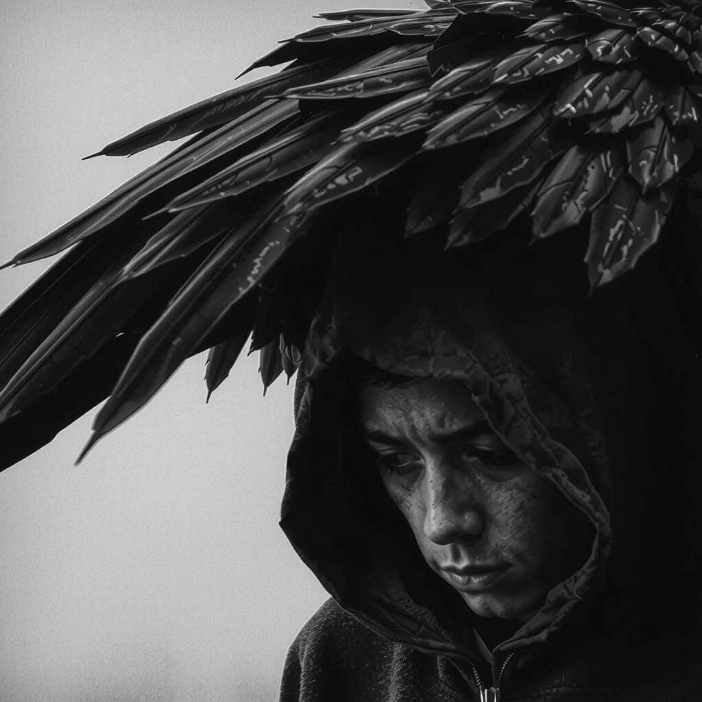 Melancholy Portrait with Raven Wing in Dark Aesthetic