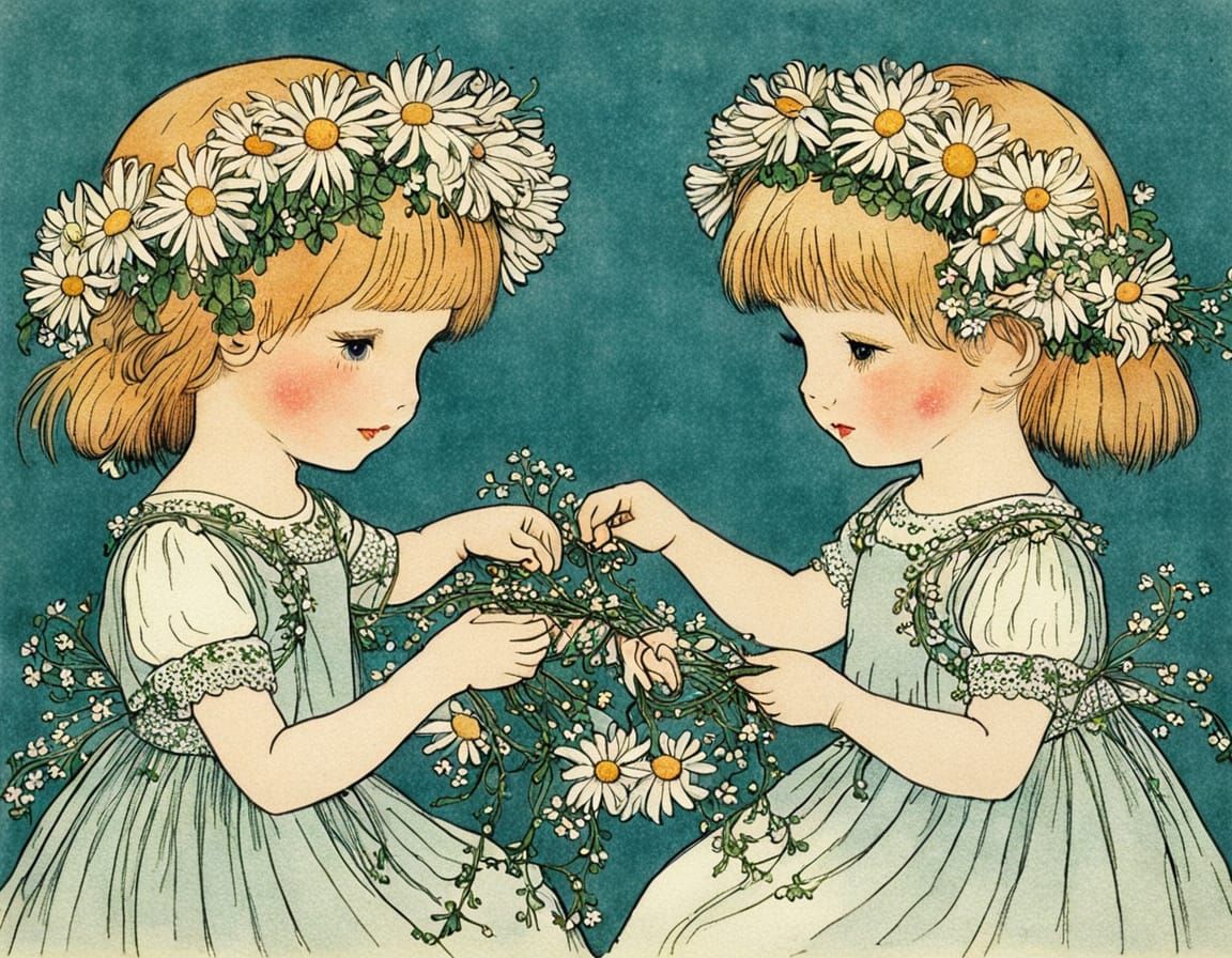 Cute Girls Crafting Daisy Hair Wreaths in Whimsical Style