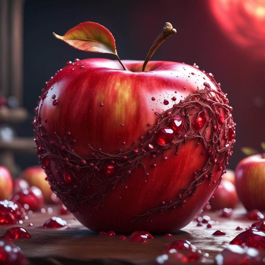 detailed bright red apple with a ruby core, majestic, jewel, detailed matte painting, deep color, fantastical, intricate...