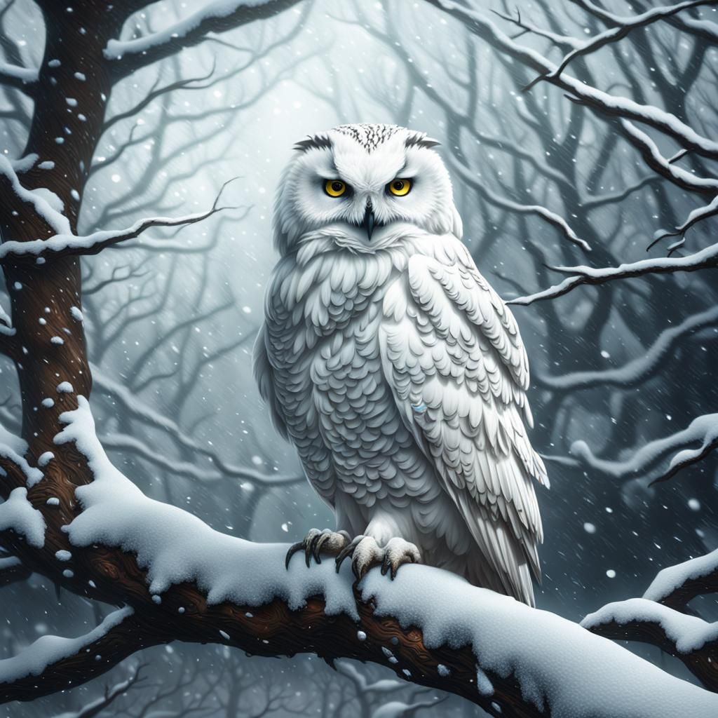 White Owl in Snowy Tree: Cinematic Digital Art