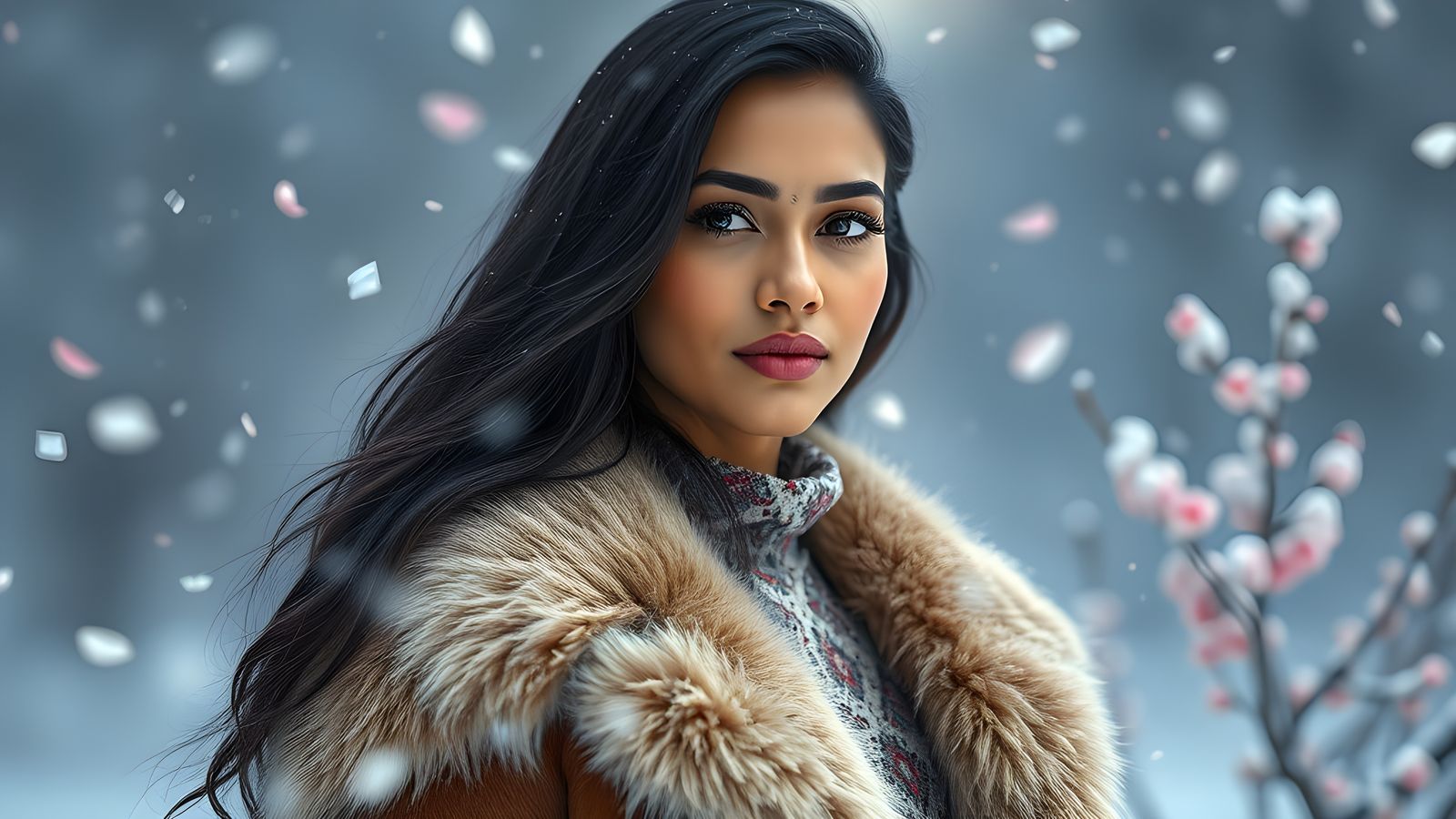 Indian Woman in Winter with Cherry Blossoms