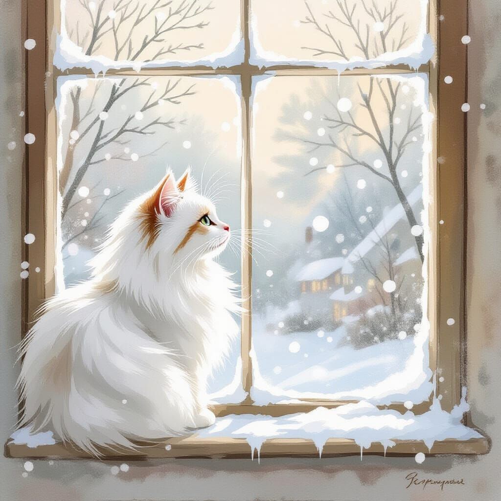 Cozy Cat Gazing Out Snowy Window in Watercolor Style