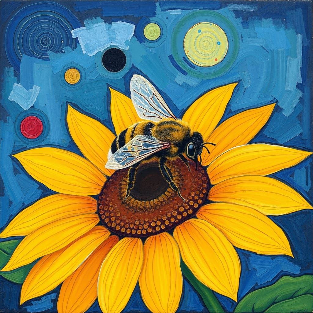 Bee on Sunflower in Abstract Expressionist Style