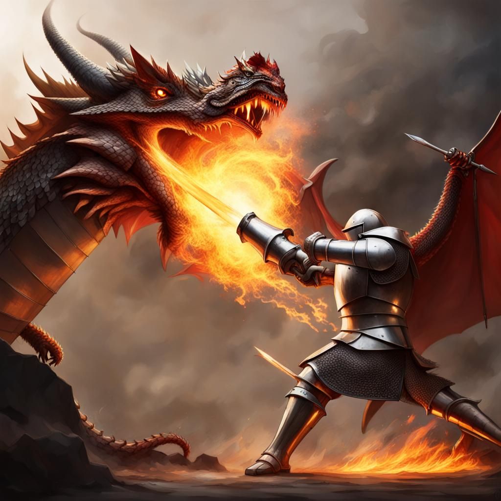 Dragon's Fiery Breath Battles Armored Knight