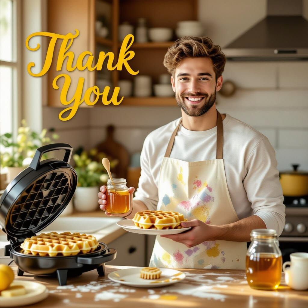 Artist Offers Golden Waffle with Honey in Folk Art Style