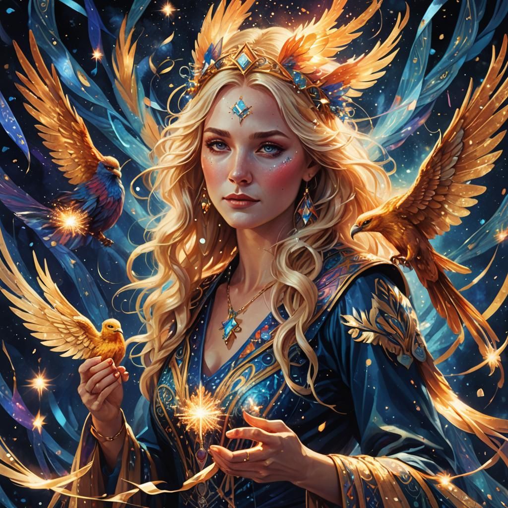 Tarot Reader Celebrates with Phoenix in Blue Tones