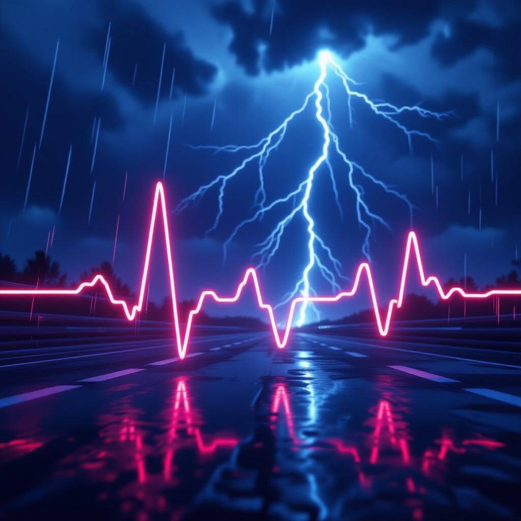 Neon Heartbeat in Stormy Cyberpunk Environment