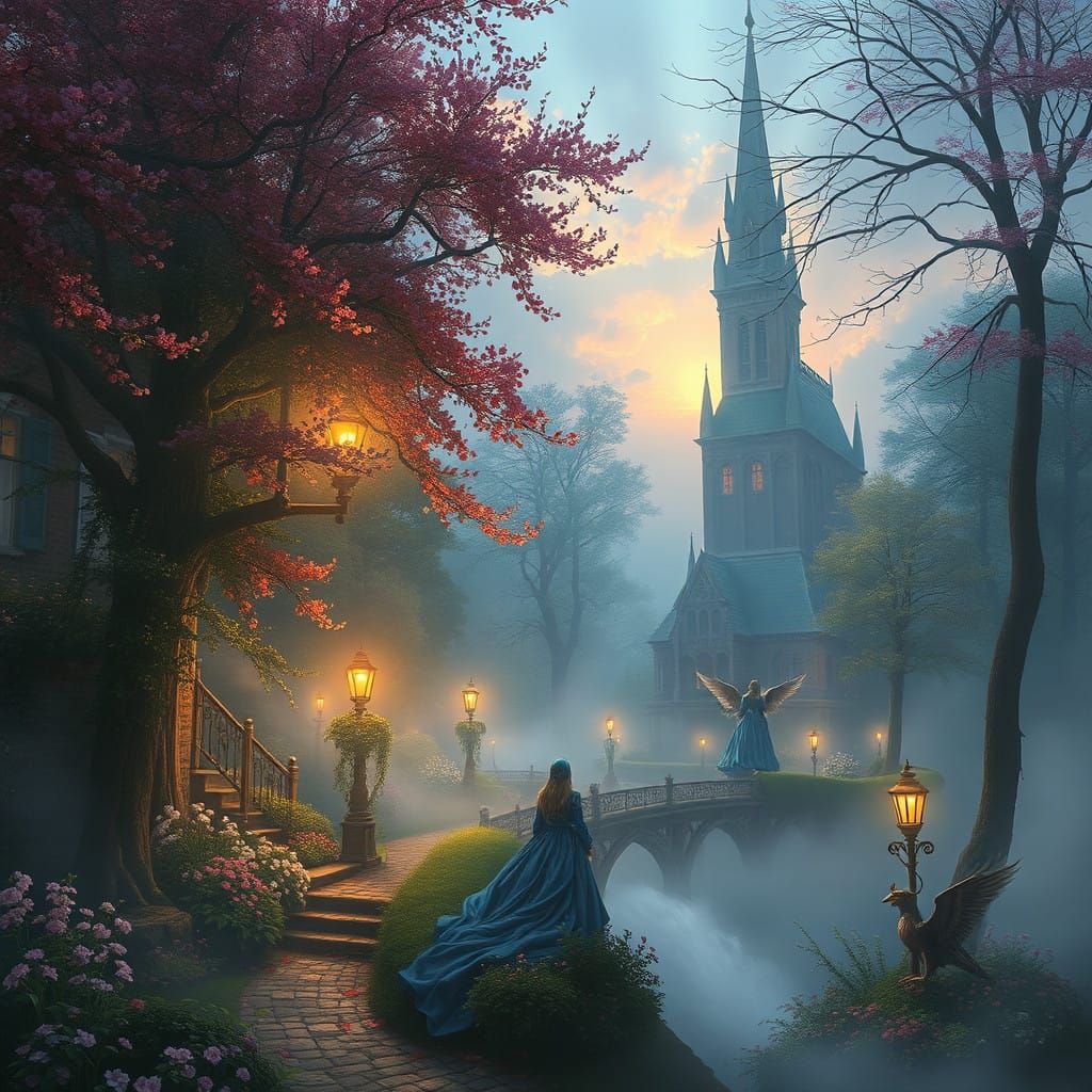 Ethereal Fantasy Queen in Enchanted Misty Landscape