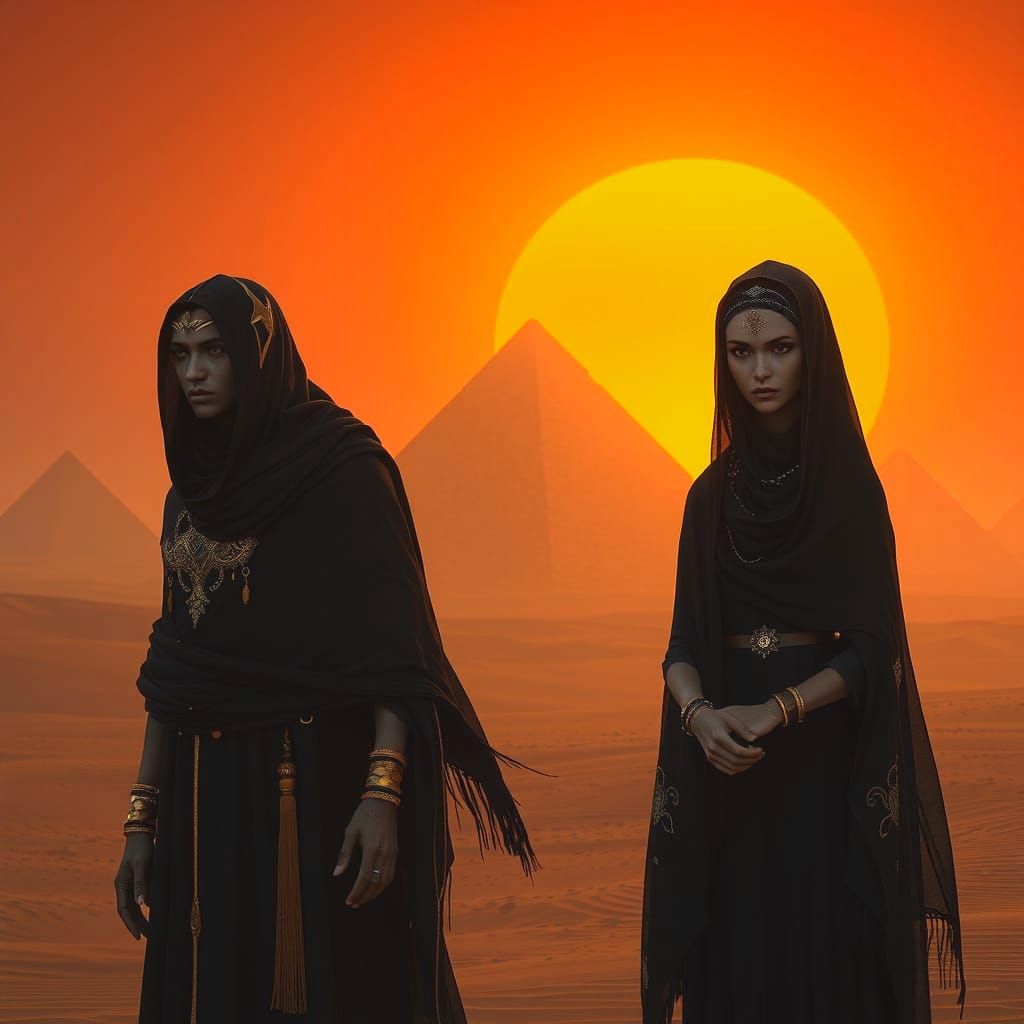 Surreal Desert Beings in Golden Attire Pose Amidst Geometric...