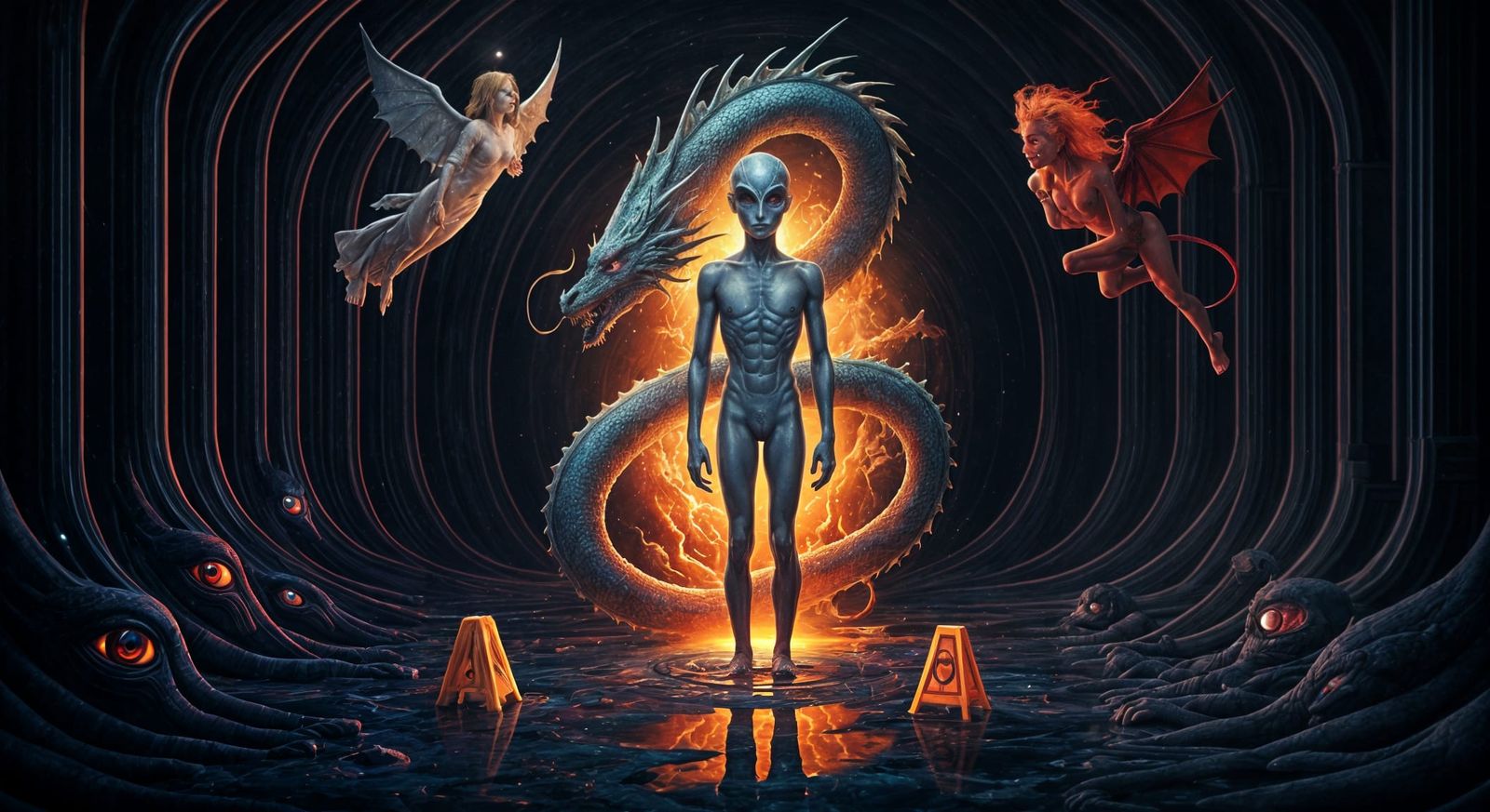 Holographic Alien Dragon in Astral Cosmic Scene