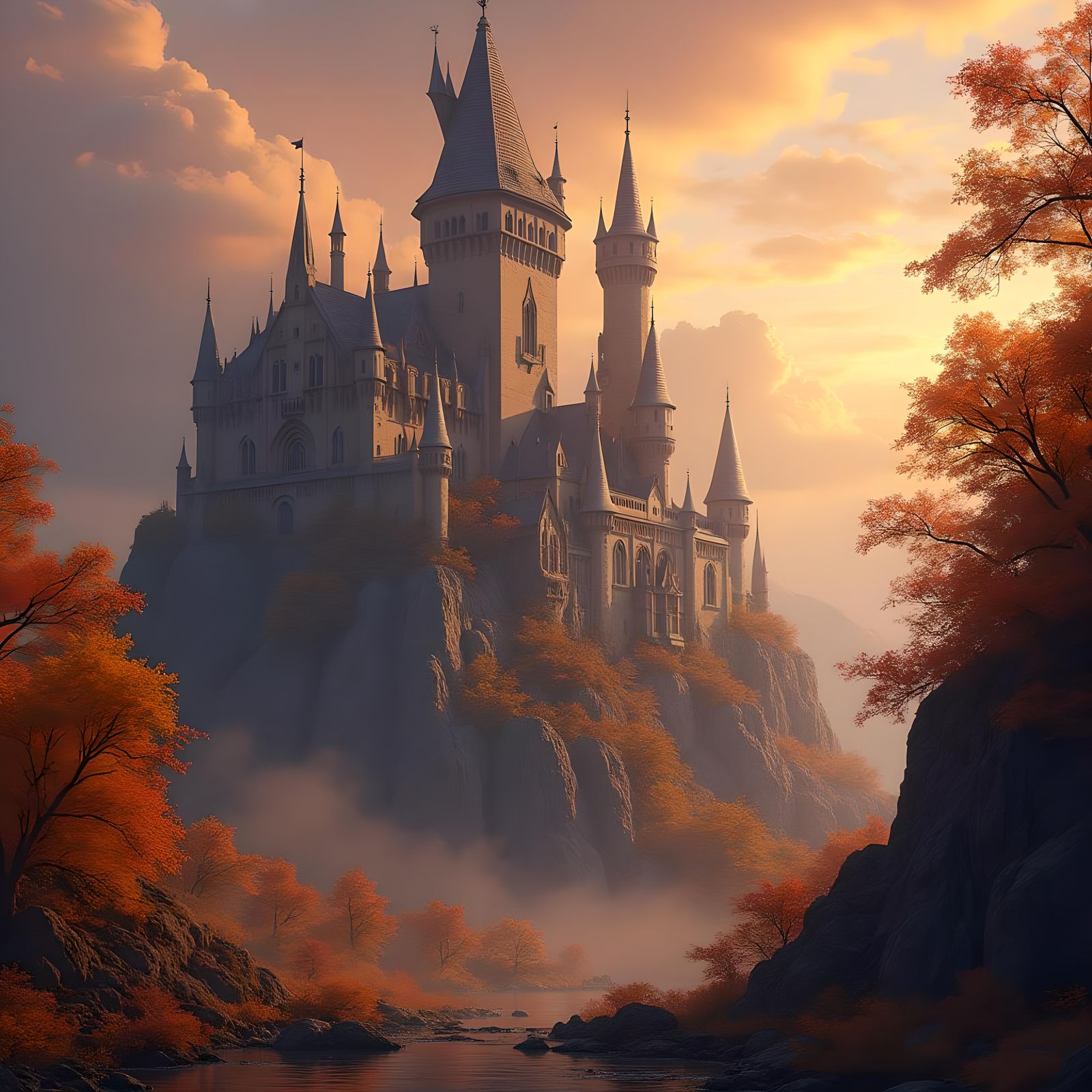 Fantastical Autumn Castle in Detailed Matte Painting