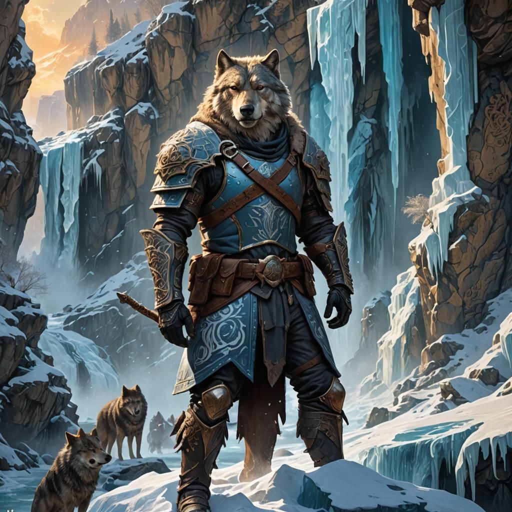Grizzled Mercenary at Frozen Waterfall: Fantasy Concept Art