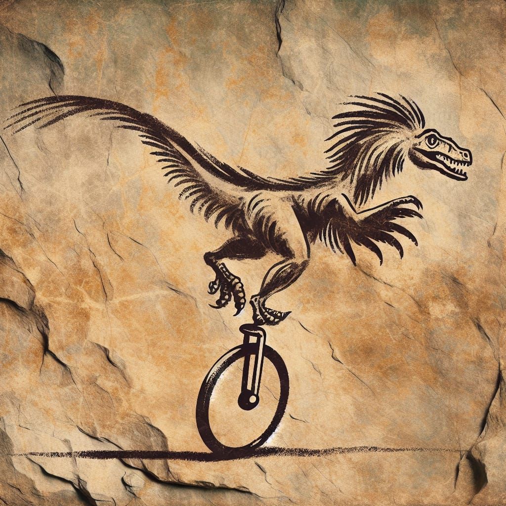 Cave Painting of Velociraptor on Unicycle