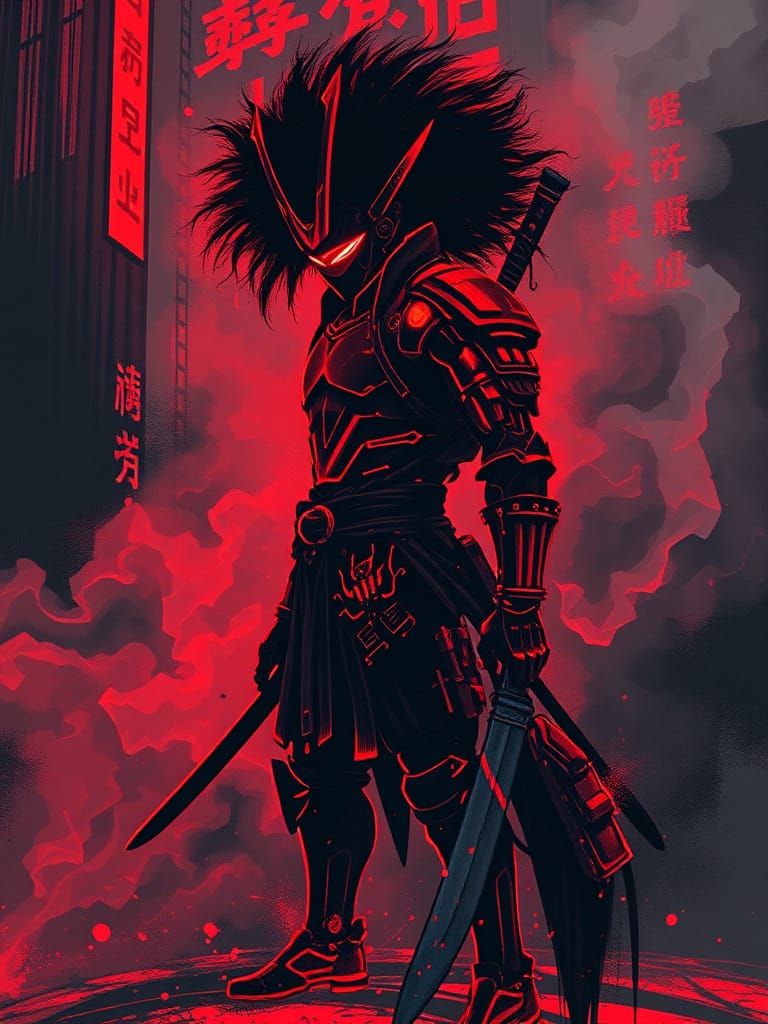 Cyberpunk Samurai Warrior in Neon-Lit Urban Landscape