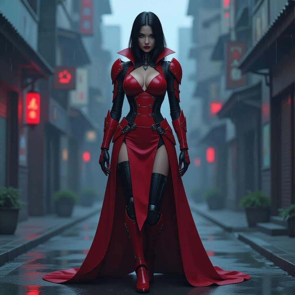 Cyberpunk Femme Fatale in Crimson and Ebony