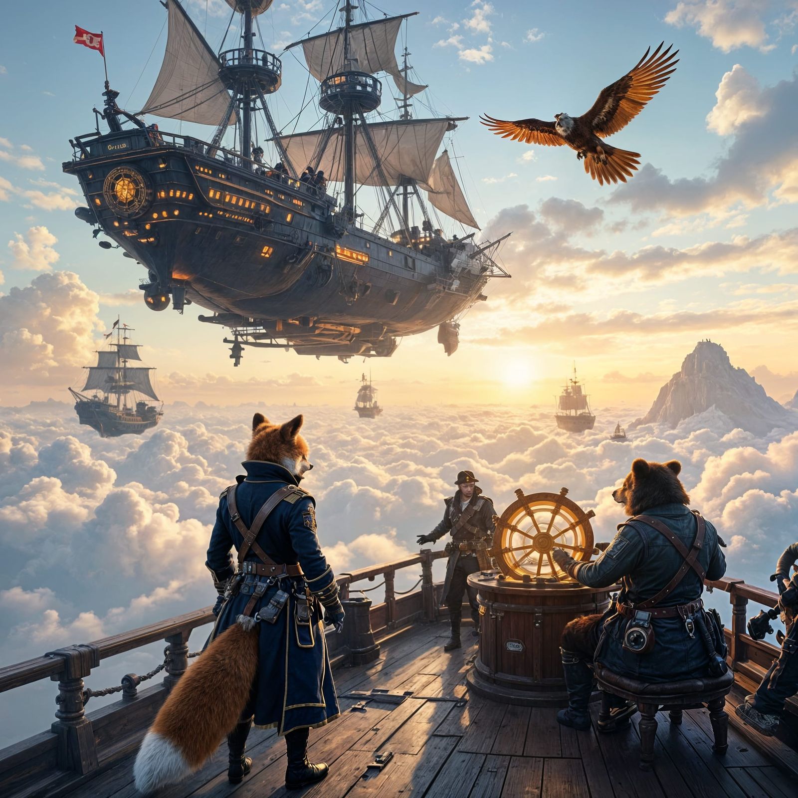 Animal Pirates on Airborne Ship in Cinematic Scene