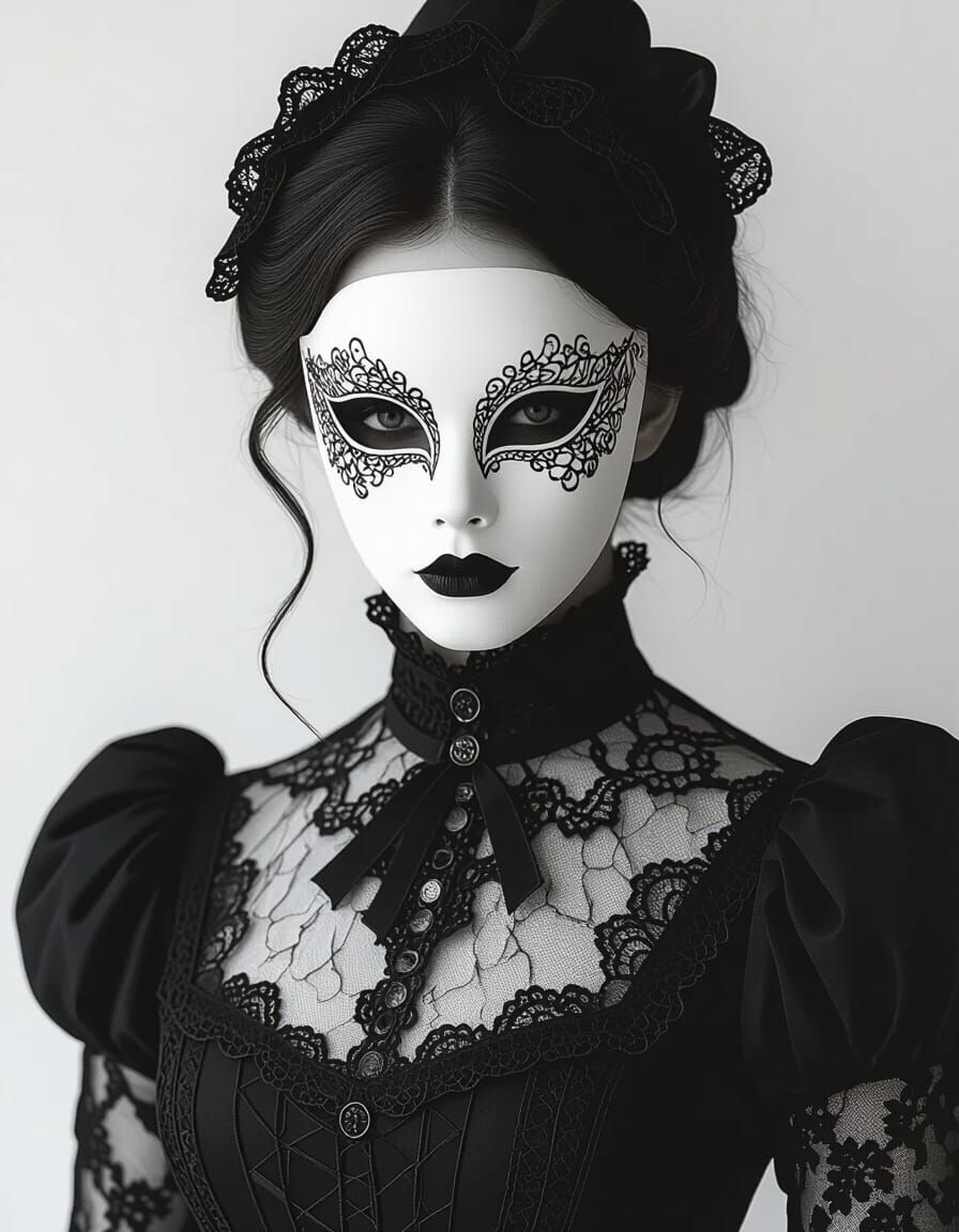 Woman in Mask: A Gothic Black and White Portrait