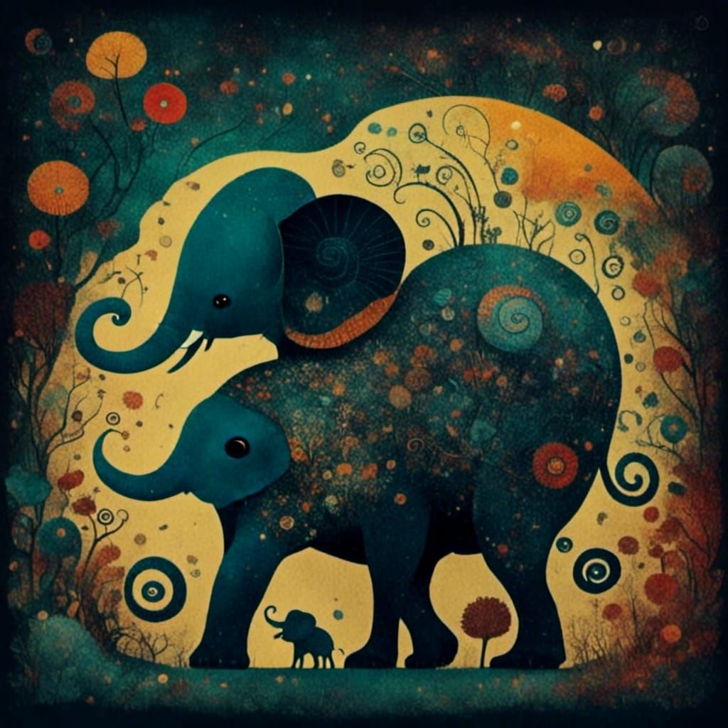Vibrant Elephant Family in Southeast Asian Folk Art Style