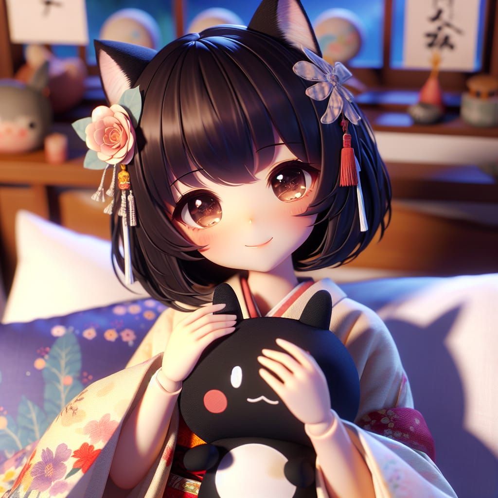 Anime-Style Portrait of Woman with Moon Bunny