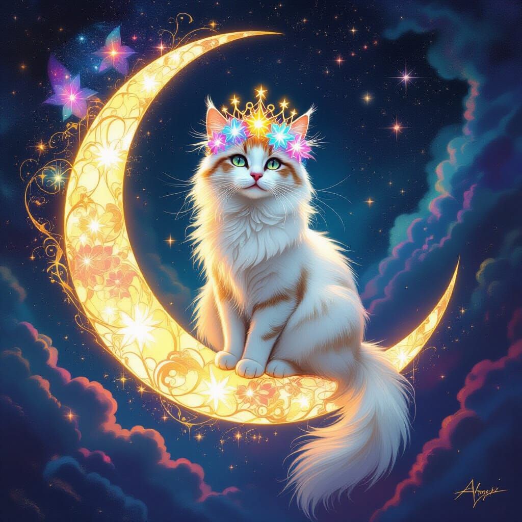Celestial Cat Queen on Moon, Art Nouveau Style