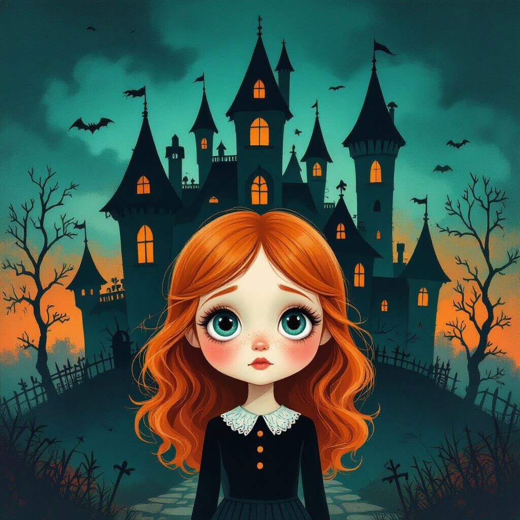 Sad-Eyed Ginger Girl Before Gothic Castle