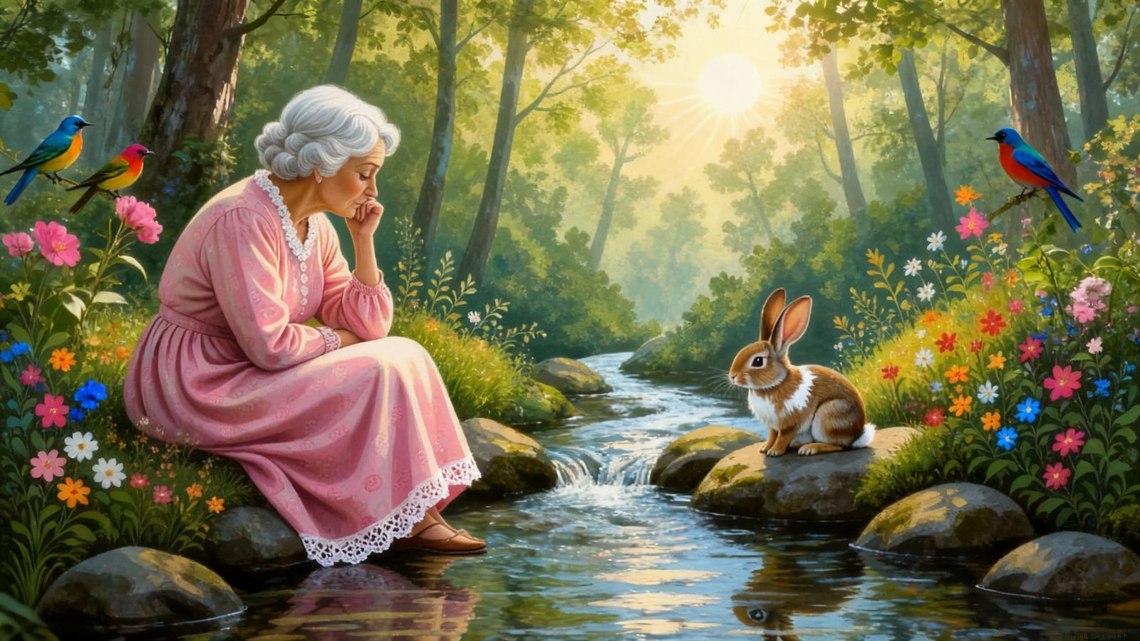 Woodland Summer Scene with Birds, Rabbit, and Woman by Strea...