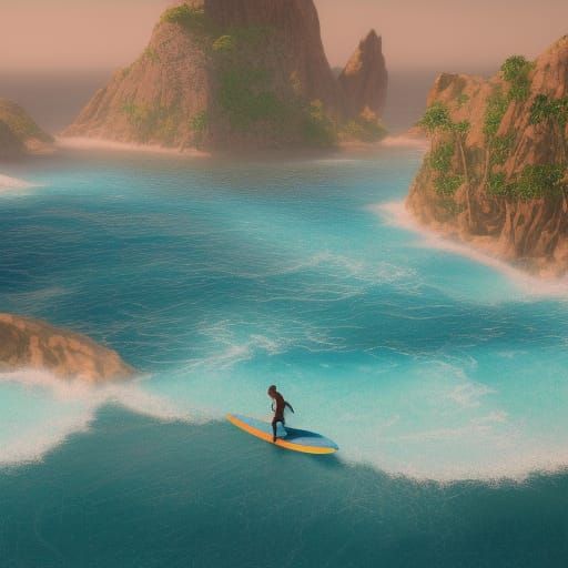 Surfer Rides Turquoise Wave, Detailed Fantasy Art