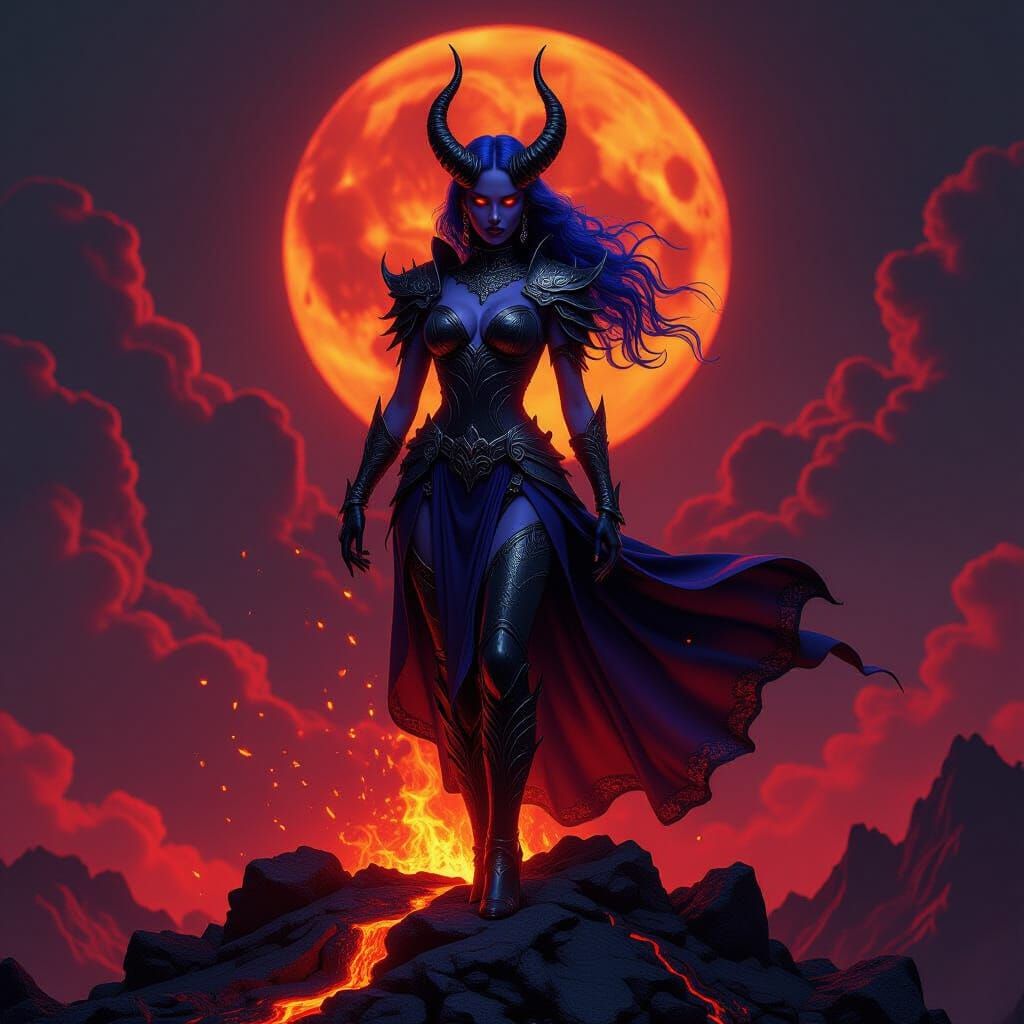 Majestic Demoness on Volcanic Peak in Gothic Style