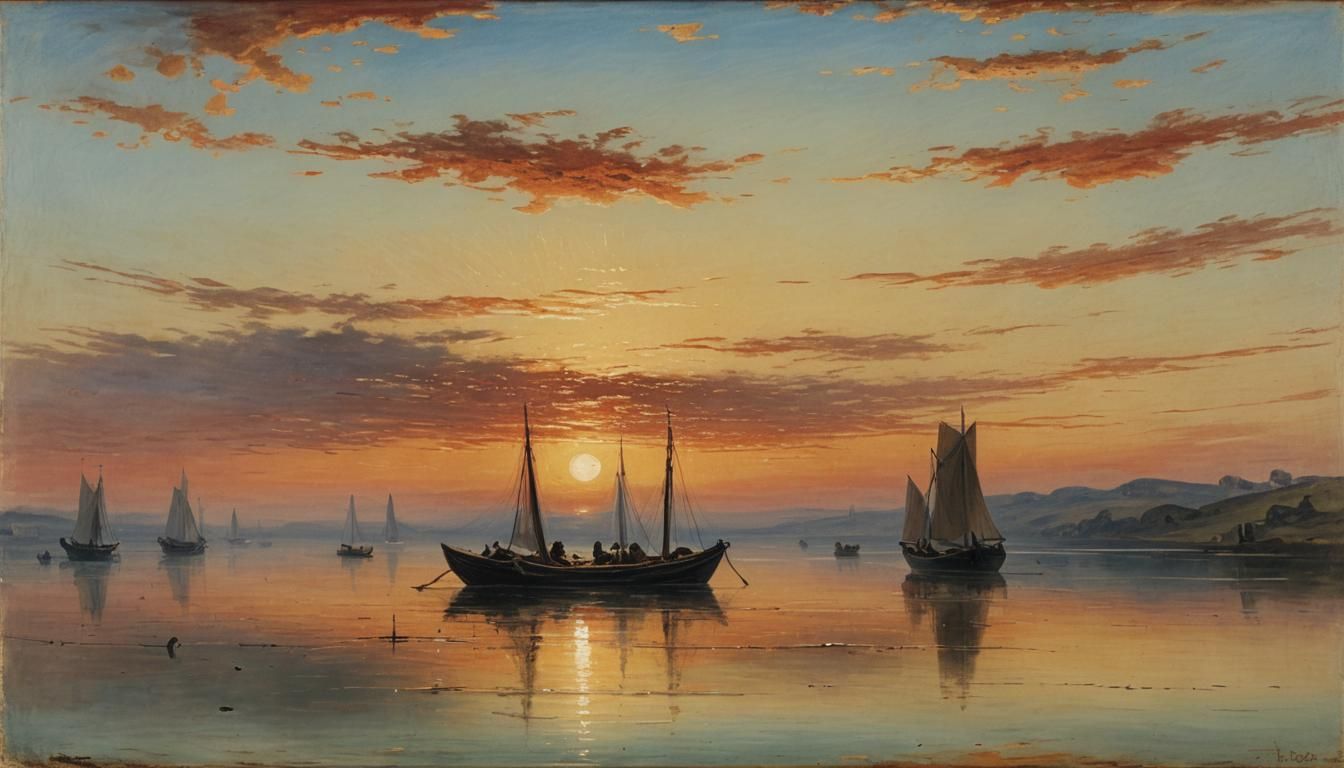 Landscapes in Romanticism Style: Serene Sunset with Rowboats