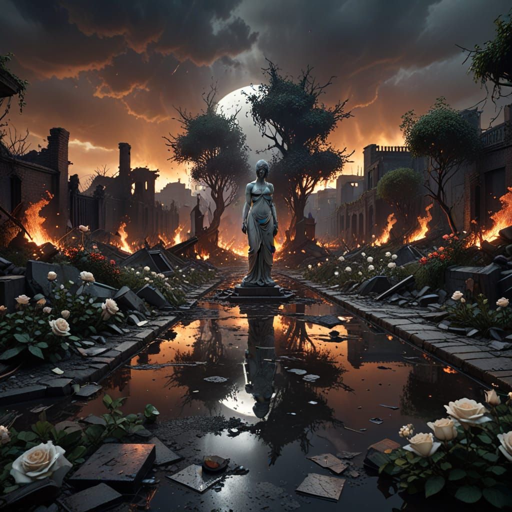 Ruined Garden with Rose Statue in Dark Fantasy Style