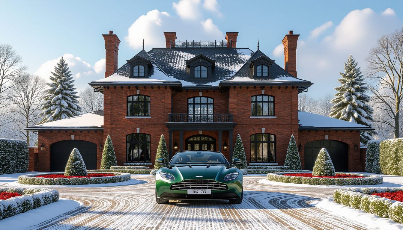 Victorian Chateau with Aston Martin in Snowy Garden