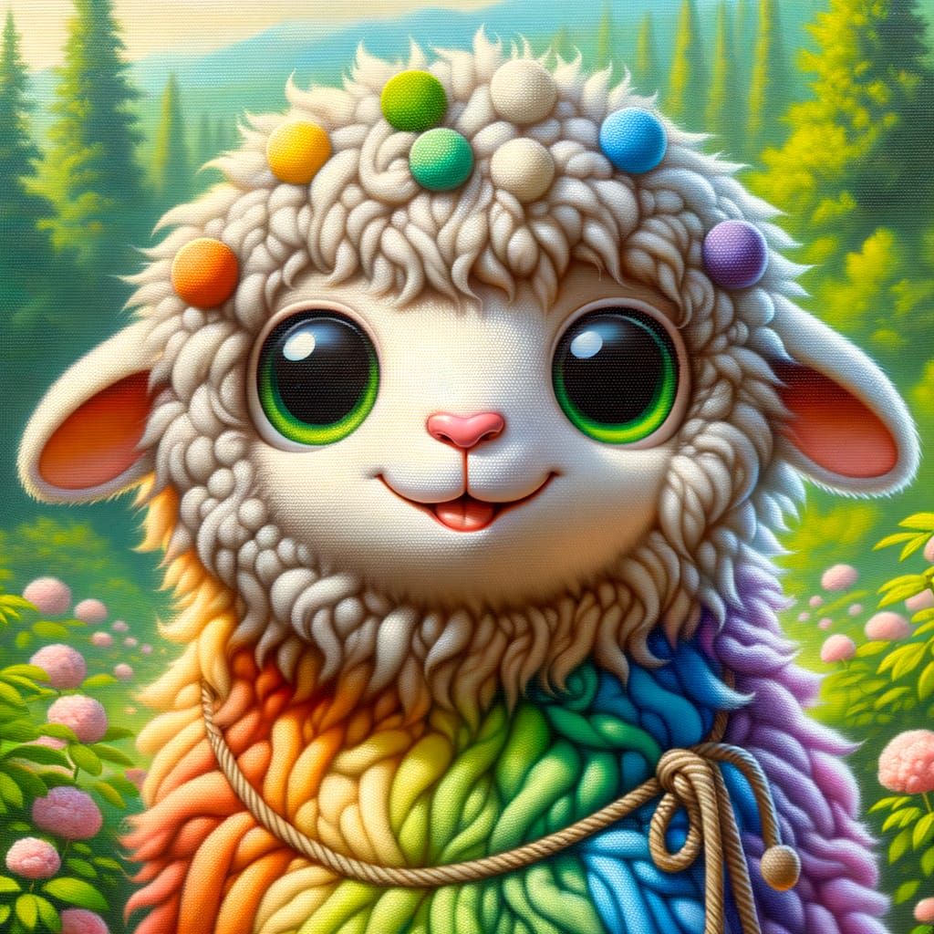 Rainbow Sheep in Lush Forest: Hyper-Realistic Oil Painting