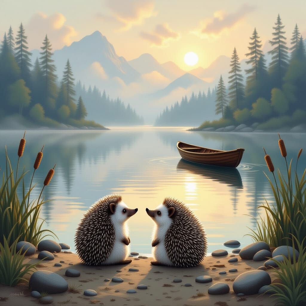 Dreamlike Lakeside Scene with Hedgehog Couple