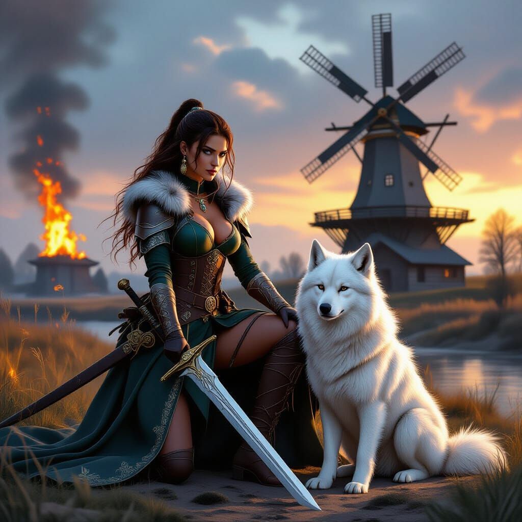 Warrior Woman with Wolf in Fantasy Landscape