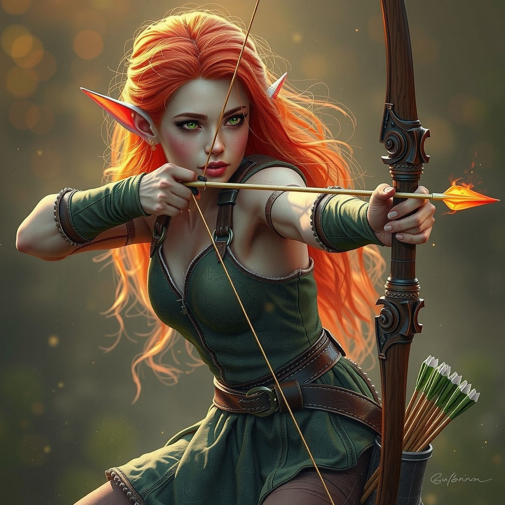 A fiery red-haired, Elven archer with a toned, athletic phys...