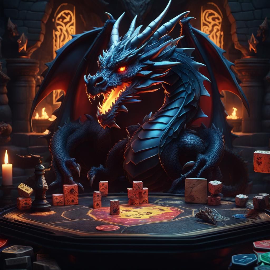Dragon Amidst Board Game Pieces in Detailed Matte Painting