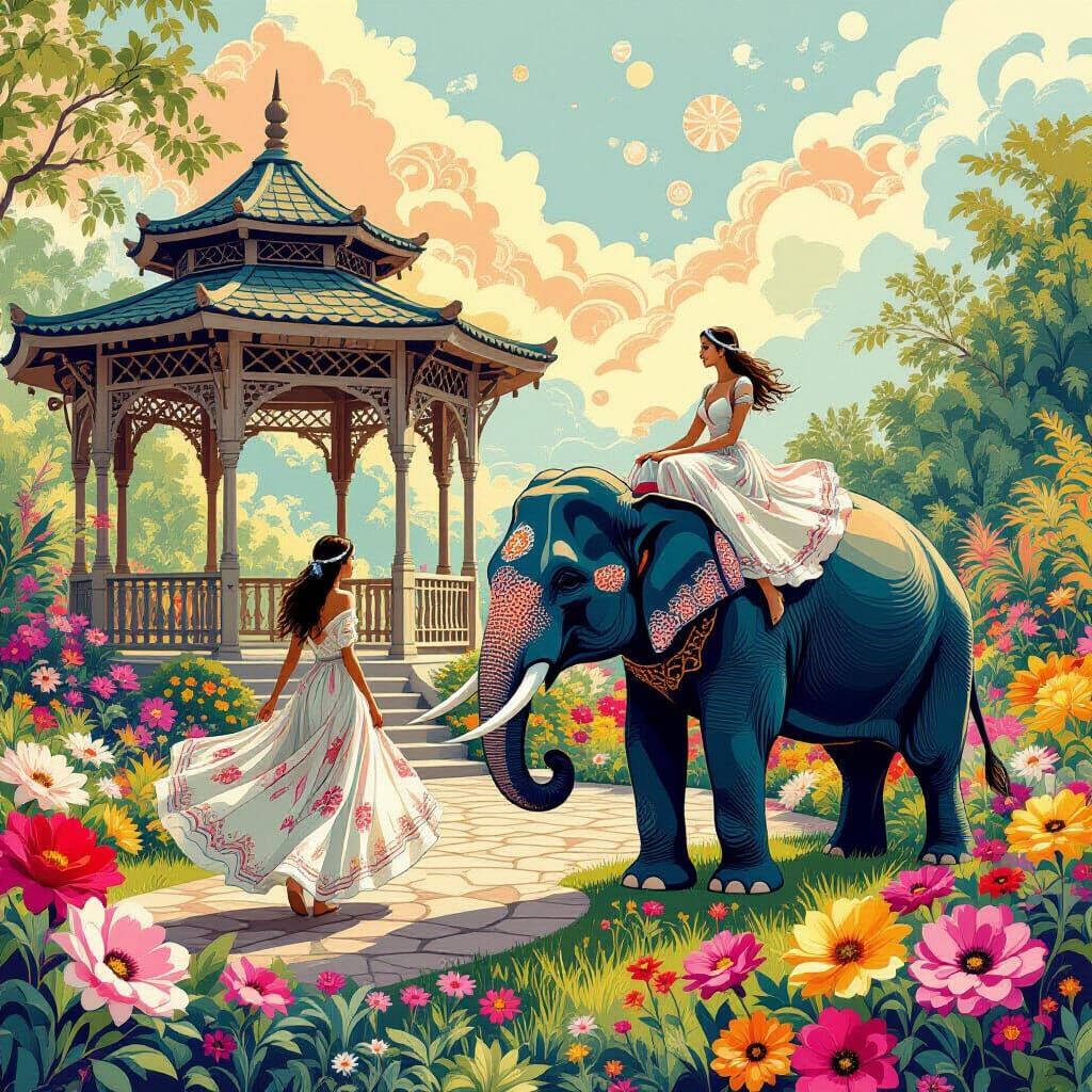 Flower garden and gazebo. A young lady rides an elephant.