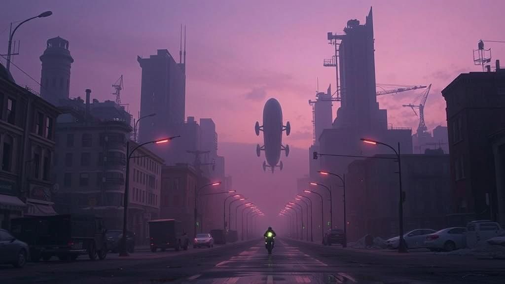 Post-apocalyptic city. Violet light as in the early evening. The hulking shapes of old buildings cast shadows. Here and ...