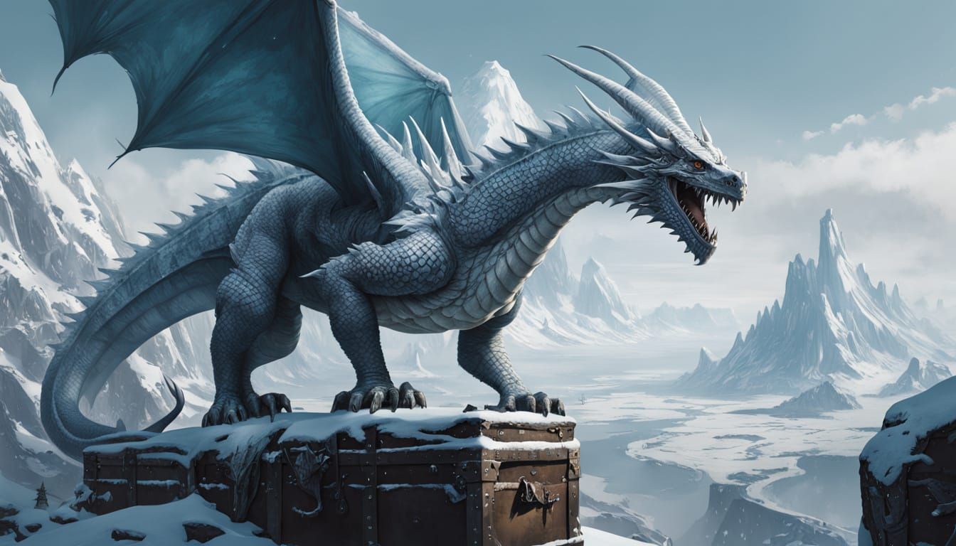 Majestic White Dragon Soars Above Snowy Mountain Peak