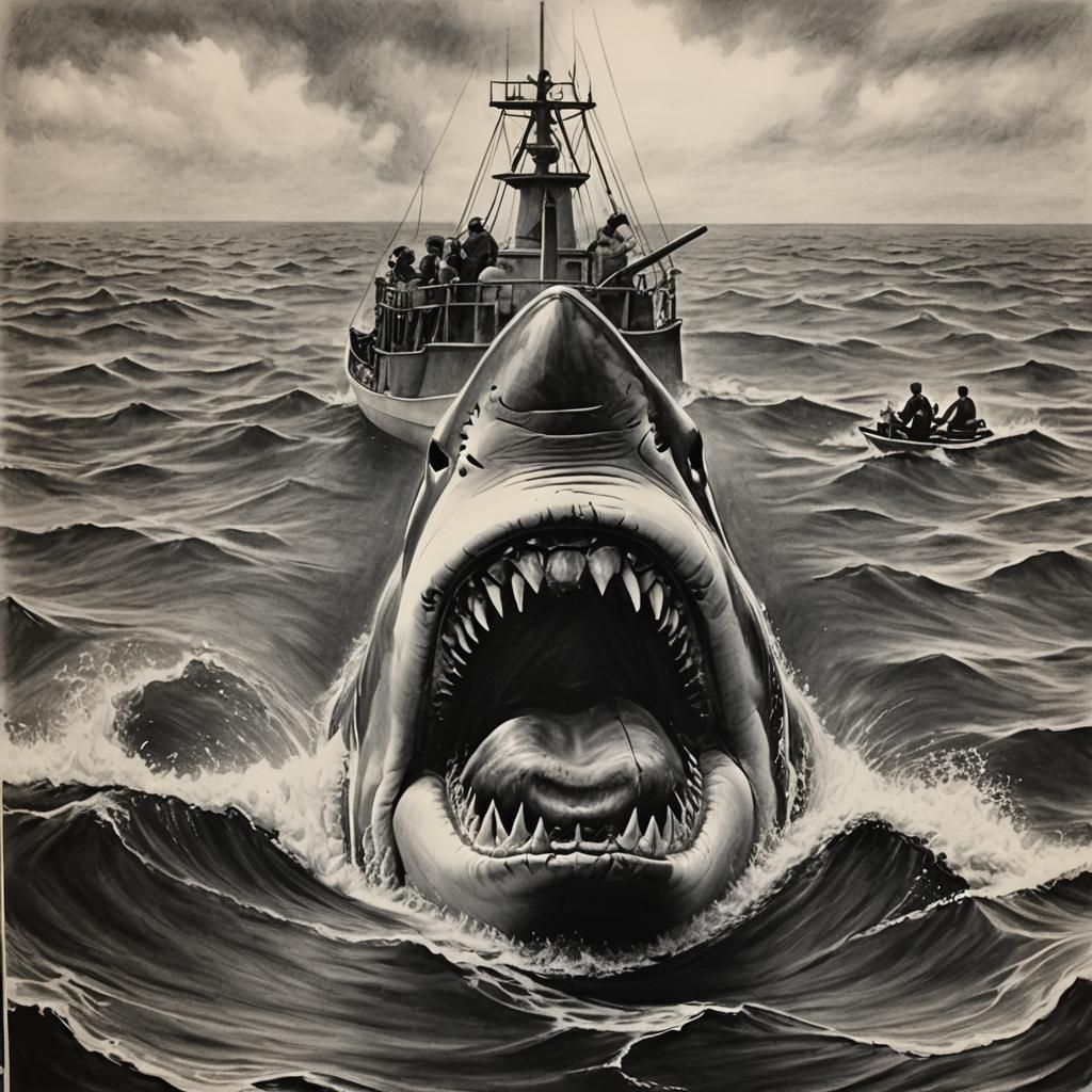 Jaws in Hyperdetailed Charcoal Drawing