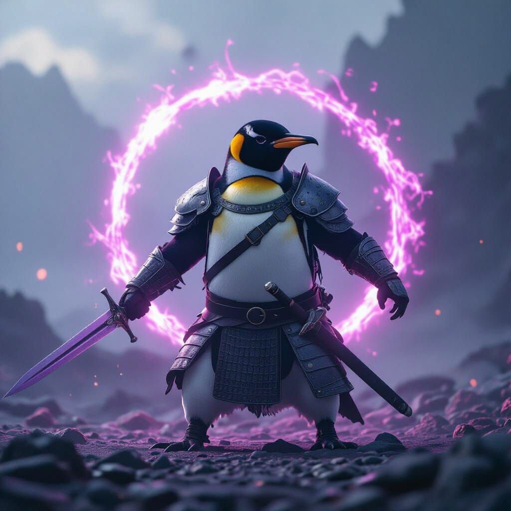 Armored Penguin Warrior with Sword and Purple Glow