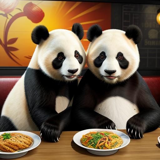 Pandas on a Date: Hyperrealistic Diner Scene
