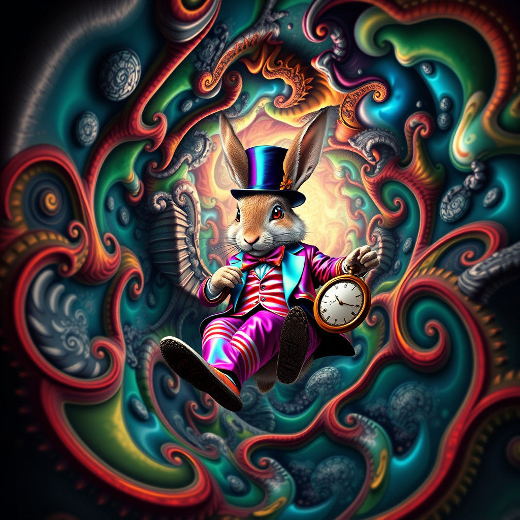 Rabbit in Suit Tumbling Through Fractal Vortex