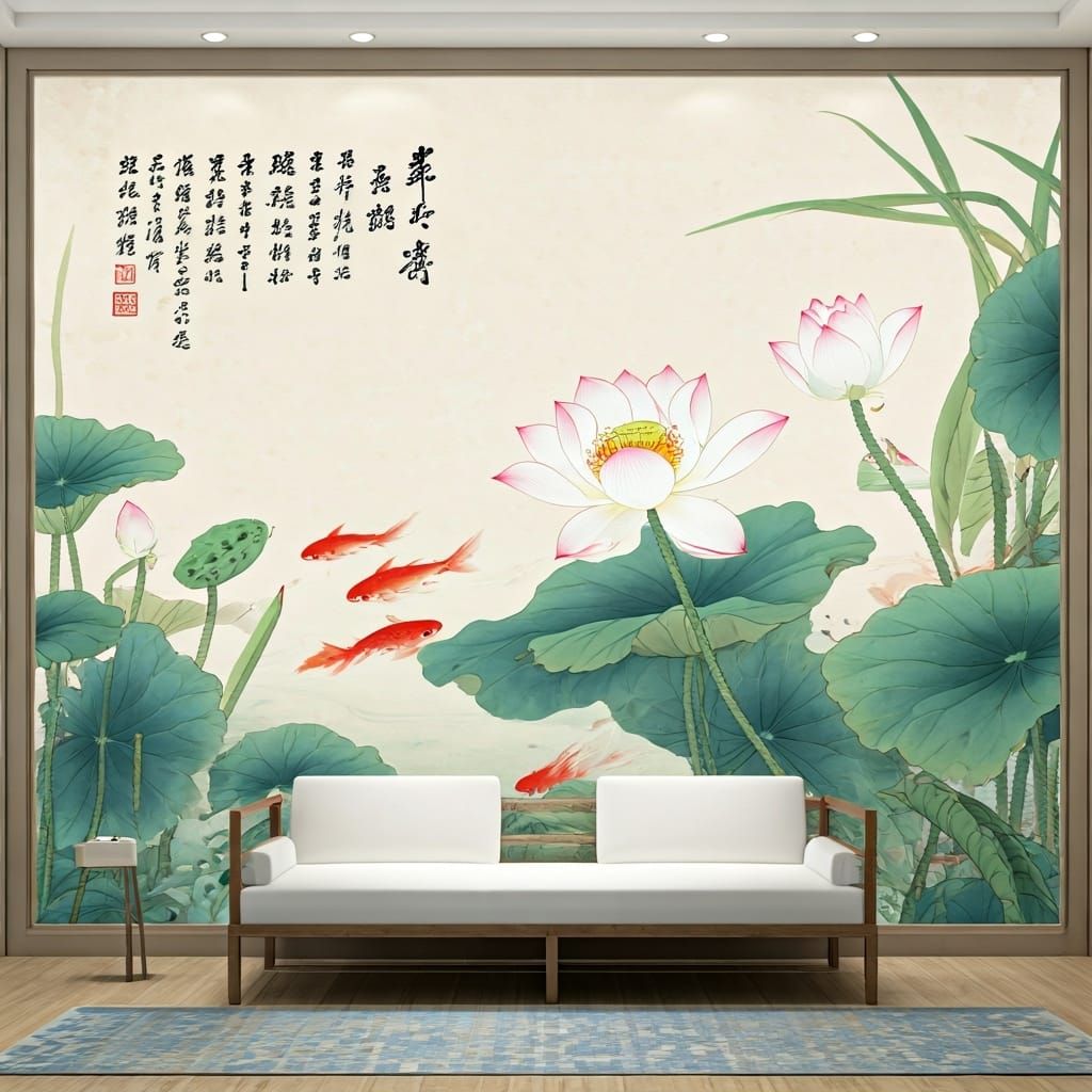 A white lotus flower painting on the wall, with light pink and beige hues, meticulous brushwork