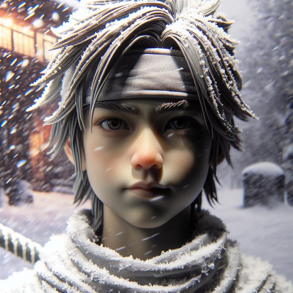 Hyperrealistic Ninja Boy in Winter Landscape