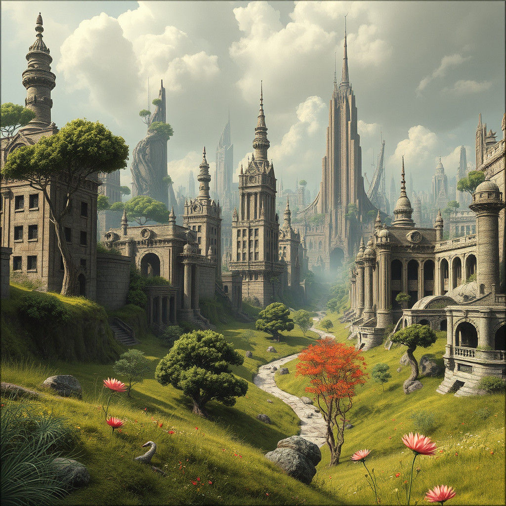 Post-Human City Overgrown in Surreal Landscape