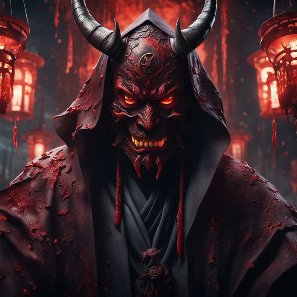 Cloaked Man with Bleeding Hannya Mask, Digital Art