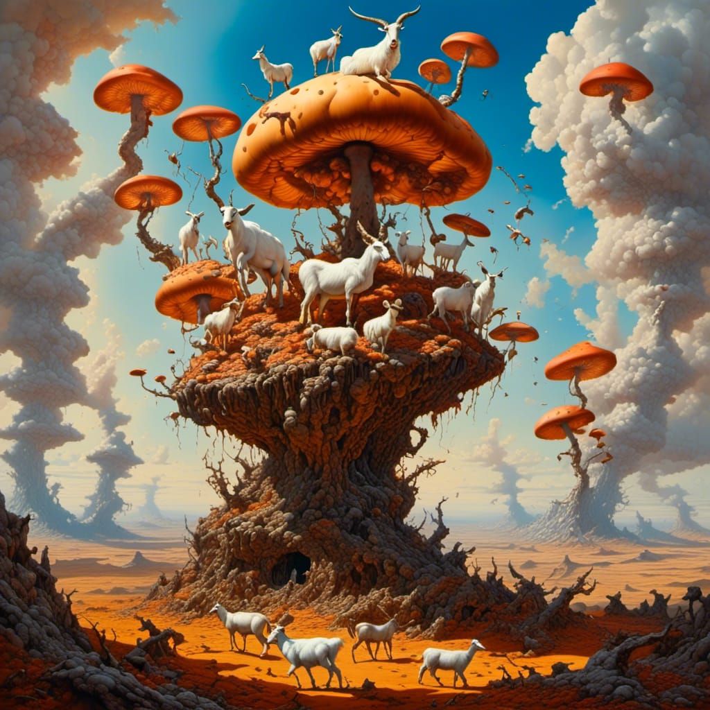 Surreal Goats on Glowing Mushrooms, a Fantasy Art