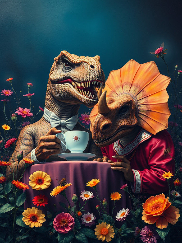Dinosaurs' Tea Party: Surreal Impressionist Oil Painting